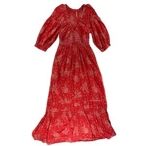 Free People Golden Hour Maxi Peasant Dress 3/4 Sleeves M deep V